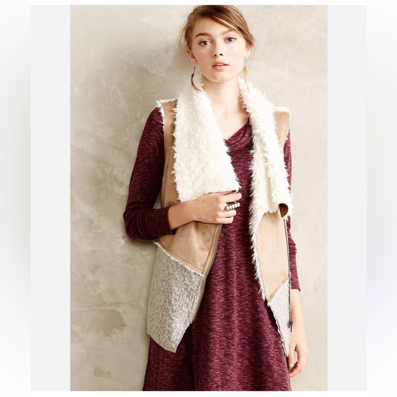 Anthropologie Saturday Sunday Sherpa Faux Suede Mixed Fabric Moto Vest - Picture 1 of 14